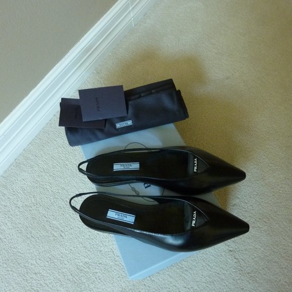 Prada Brushed Leather Slingback Logo Detail Flats - Picture 7 of 13